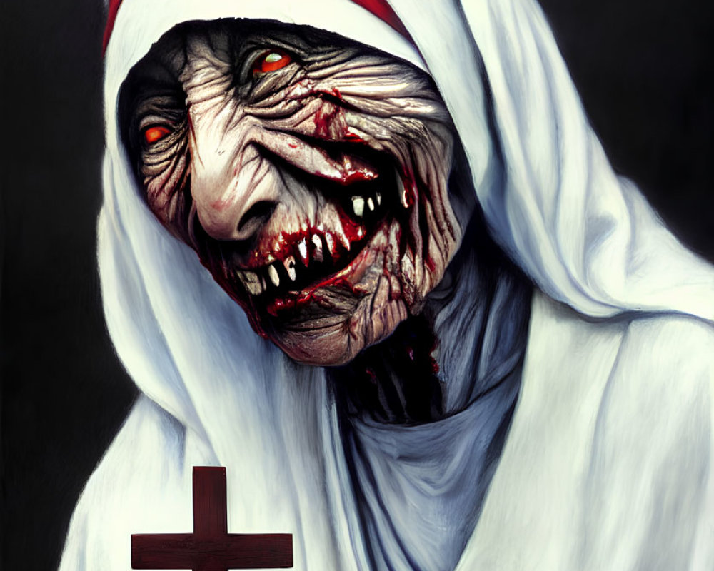 Creepy nun figure with zombie-like face holding decayed cross