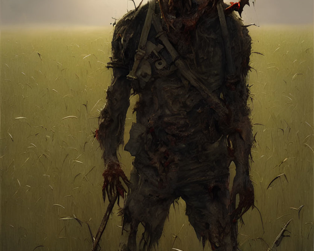 Glowing-eyed zombie soldier in helmet in eerie field setting