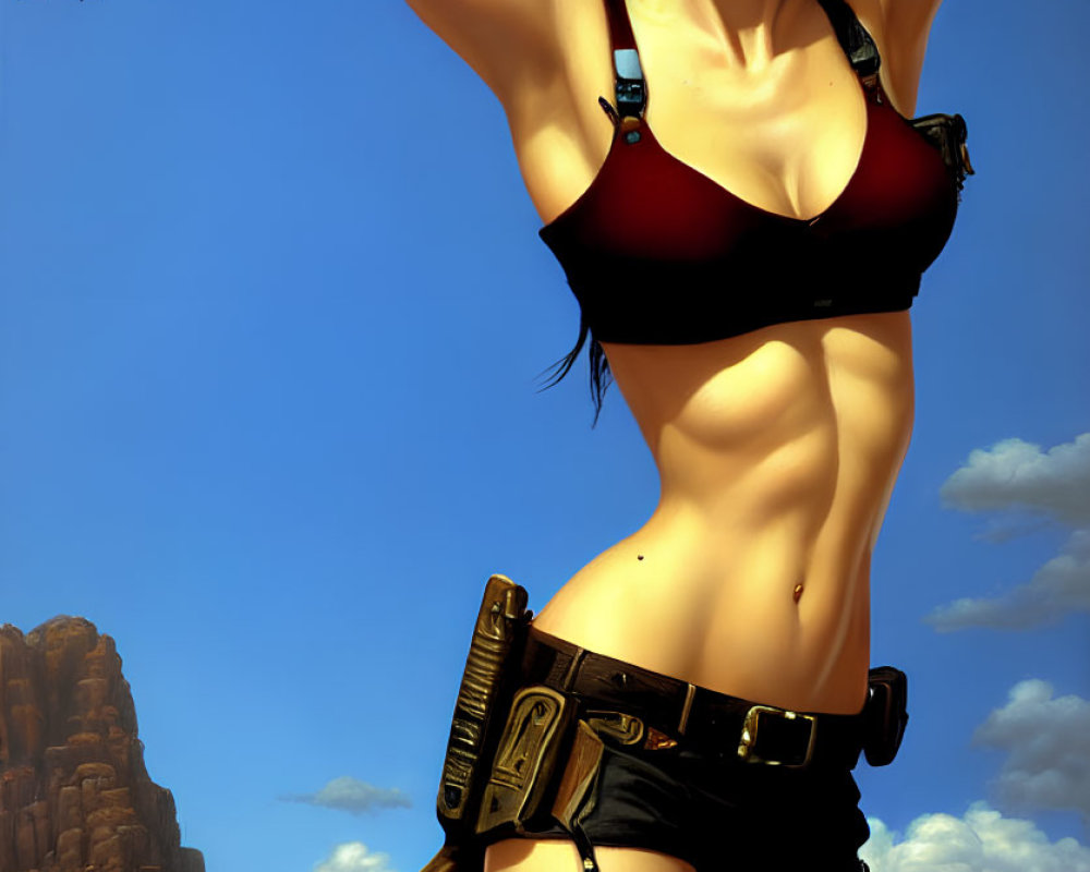 Digital artwork of woman in black crop top and shorts with gun holster on rocky terrain.