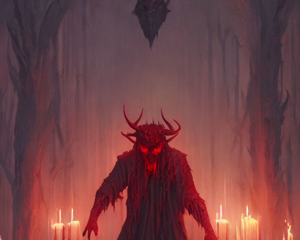 Dark figure with horns at candlelit altar in eerie chamber