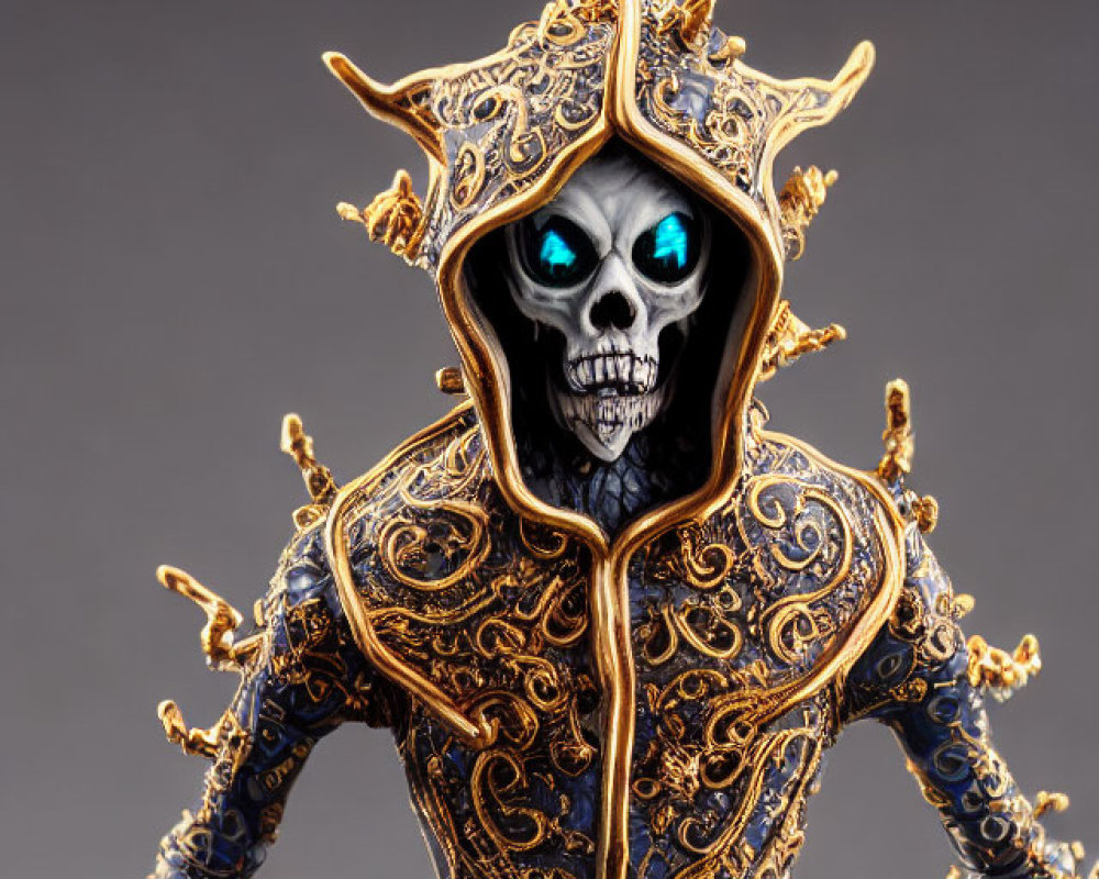 Skeletal creature figurine in blue and gold ornate robe