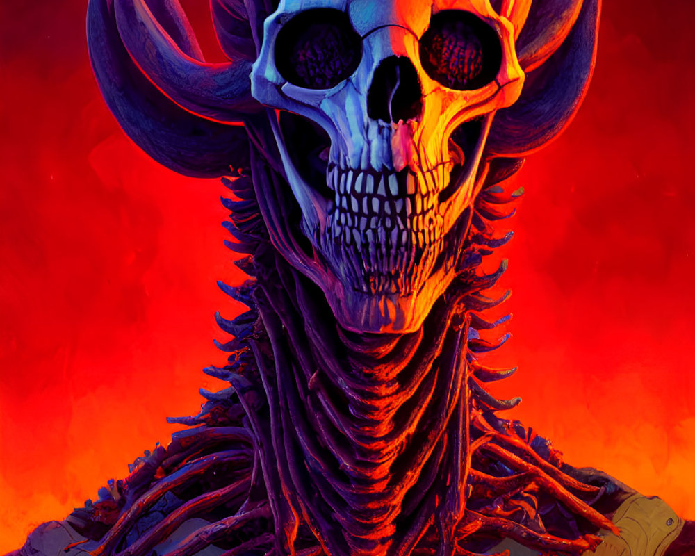 Detailed skeletal figure with horned skull on fiery red and purple backdrop