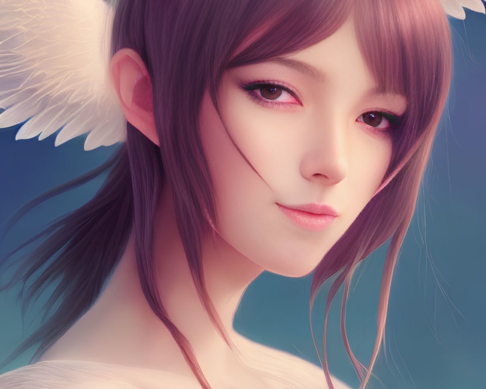 Fantasy character with brown hair, elf ears, floral headpiece, and angelic wings on blue