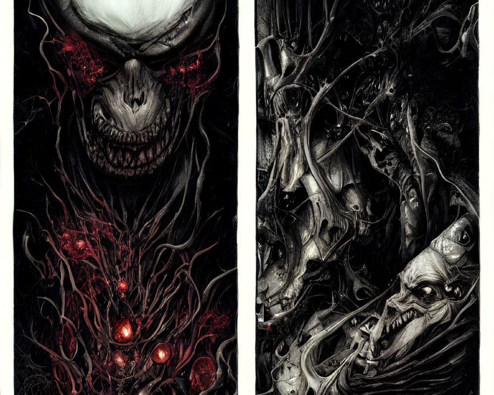 Fantastical dark art: skull with glowing red eyes and skeletal figures