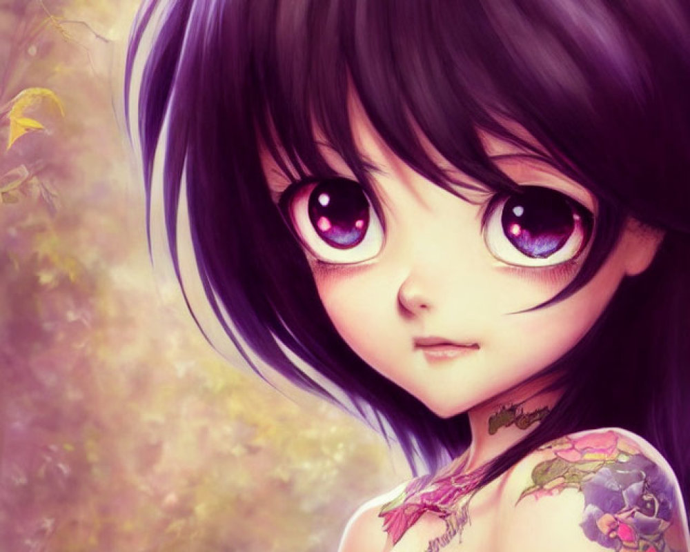 Digital illustration: Female anime character with purple eyes and violet hair, smiling, in autumnal setting