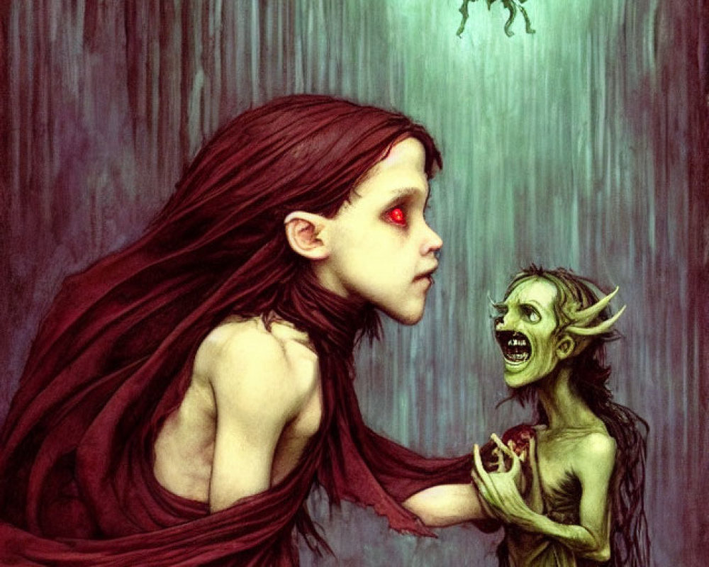 Red-haired pale girl gazes at green imp with horns in eerie archway