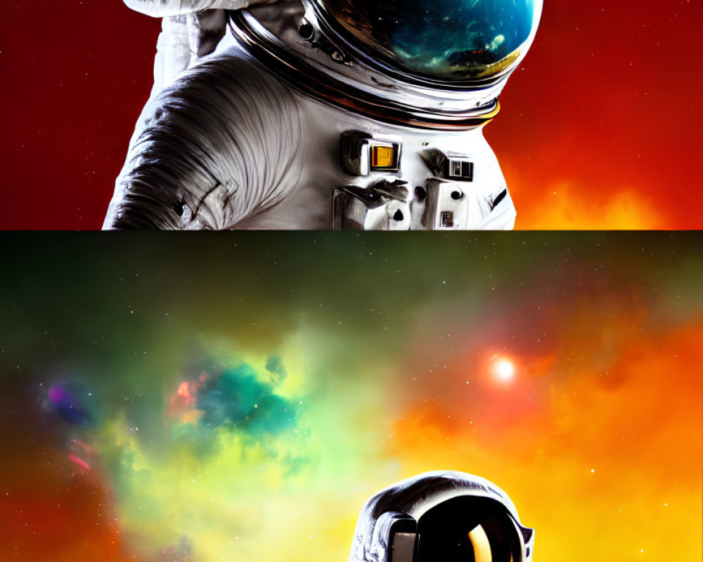 Astronaut in reflective visor against vibrant cosmic background