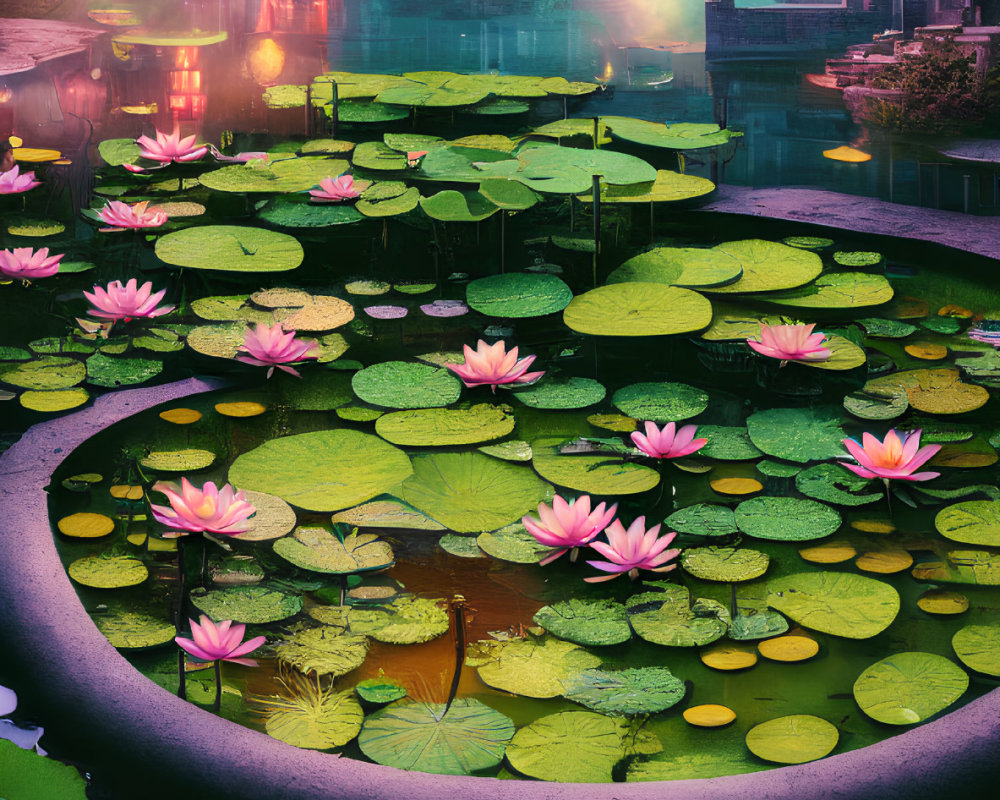 Tranquil pond with water lilies and traditional buildings in misty setting.