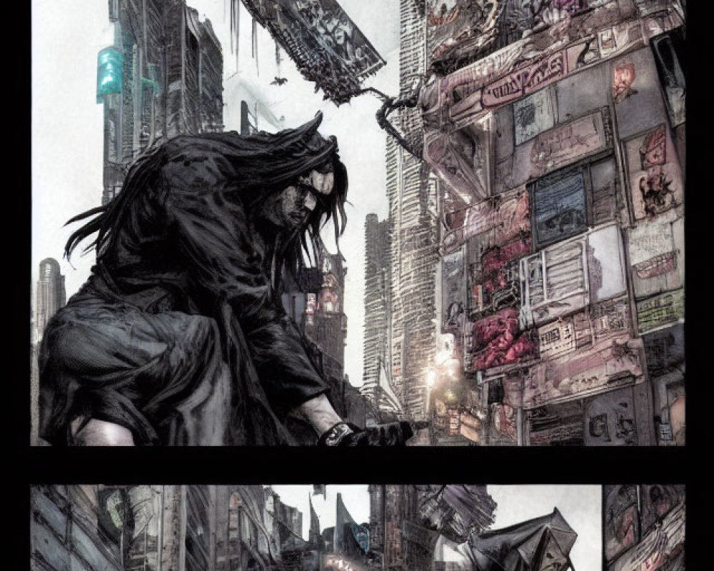 Dystopian cityscape with neon signs, cloaked figure, chaotic urban environment