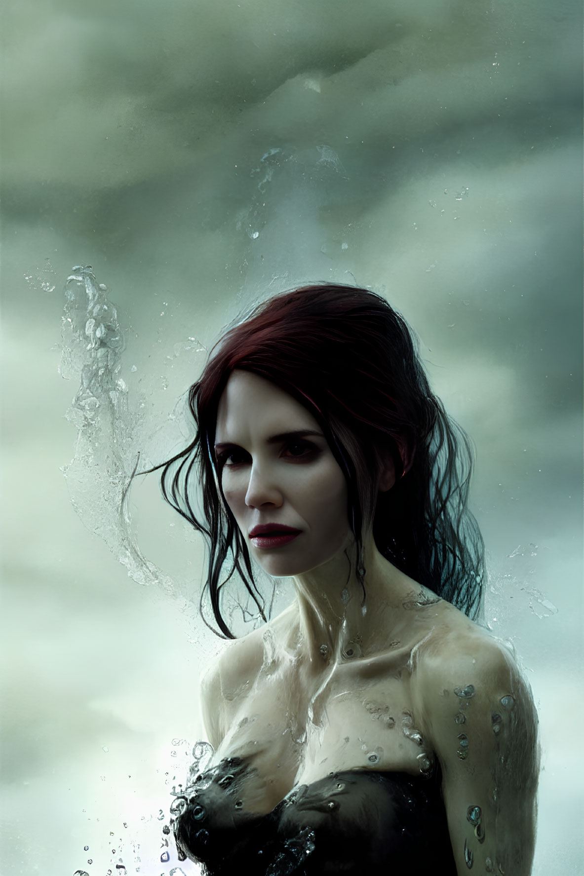 Red-haired woman emerges from water in stormy backdrop