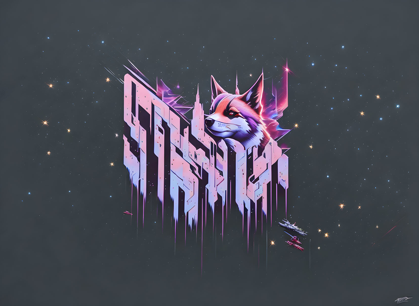 Stylized fox head in neon graffiti lettering on starry space background