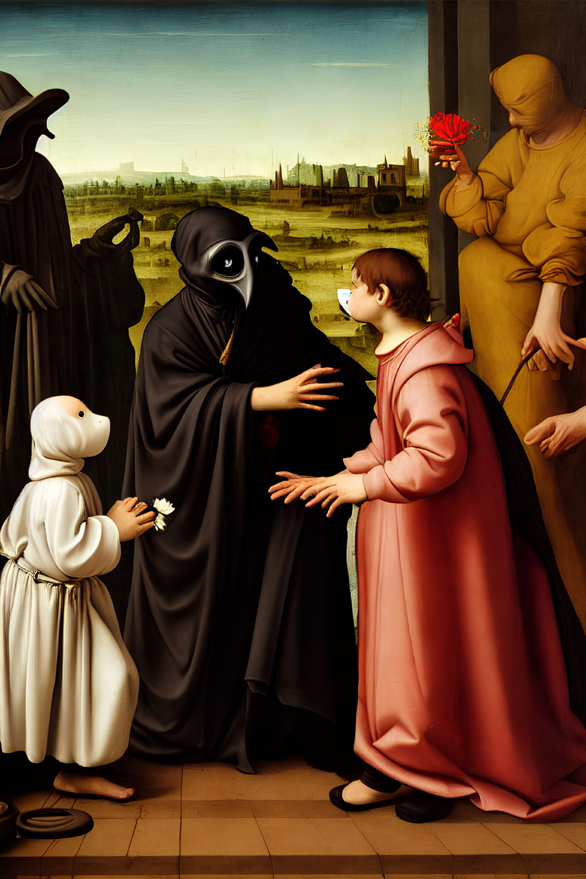 Mysterious painting of cloaked figure giving red flower to child