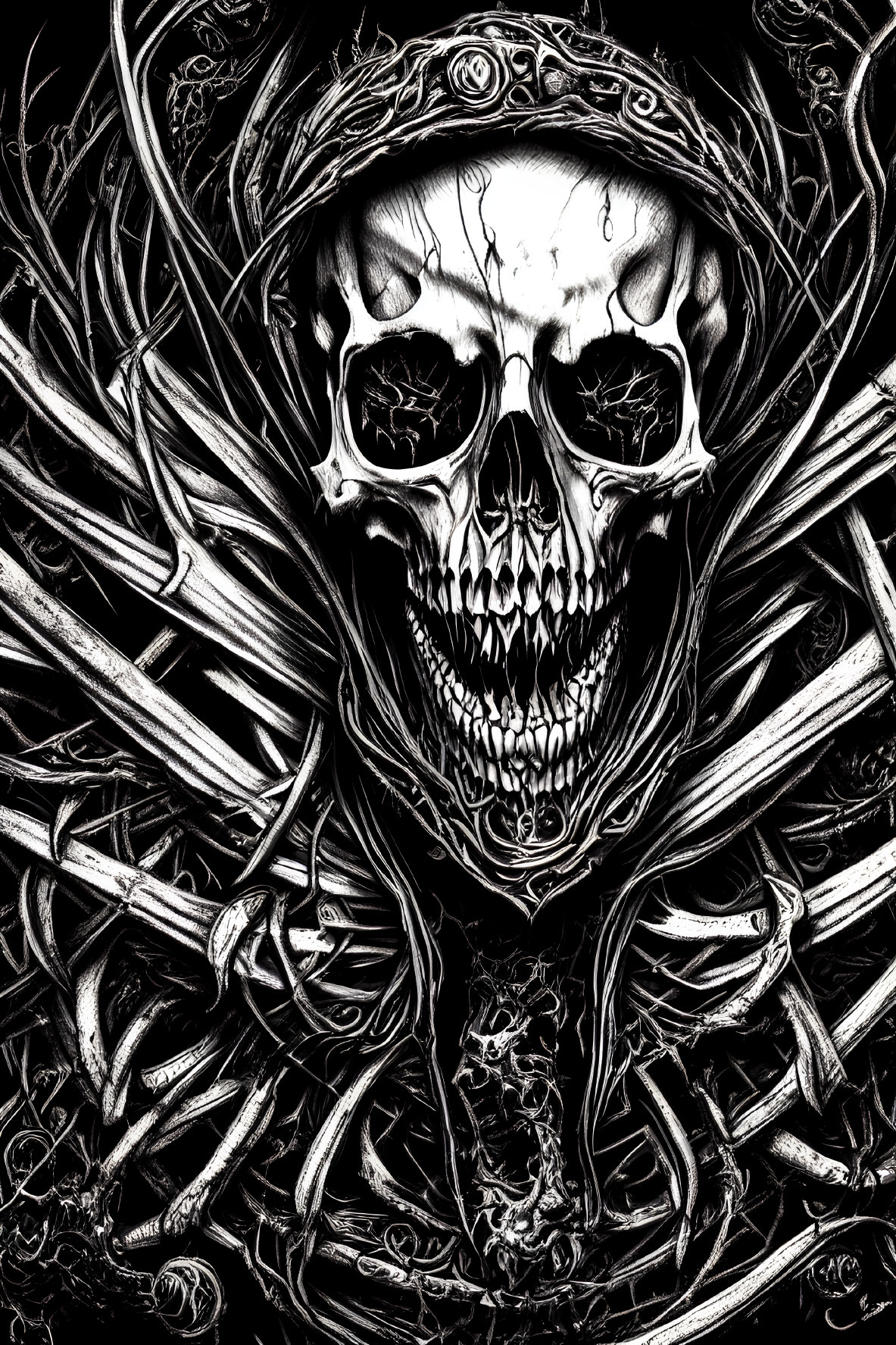 Detailed Black and White Skull Illustration with Intricate Root Patterns