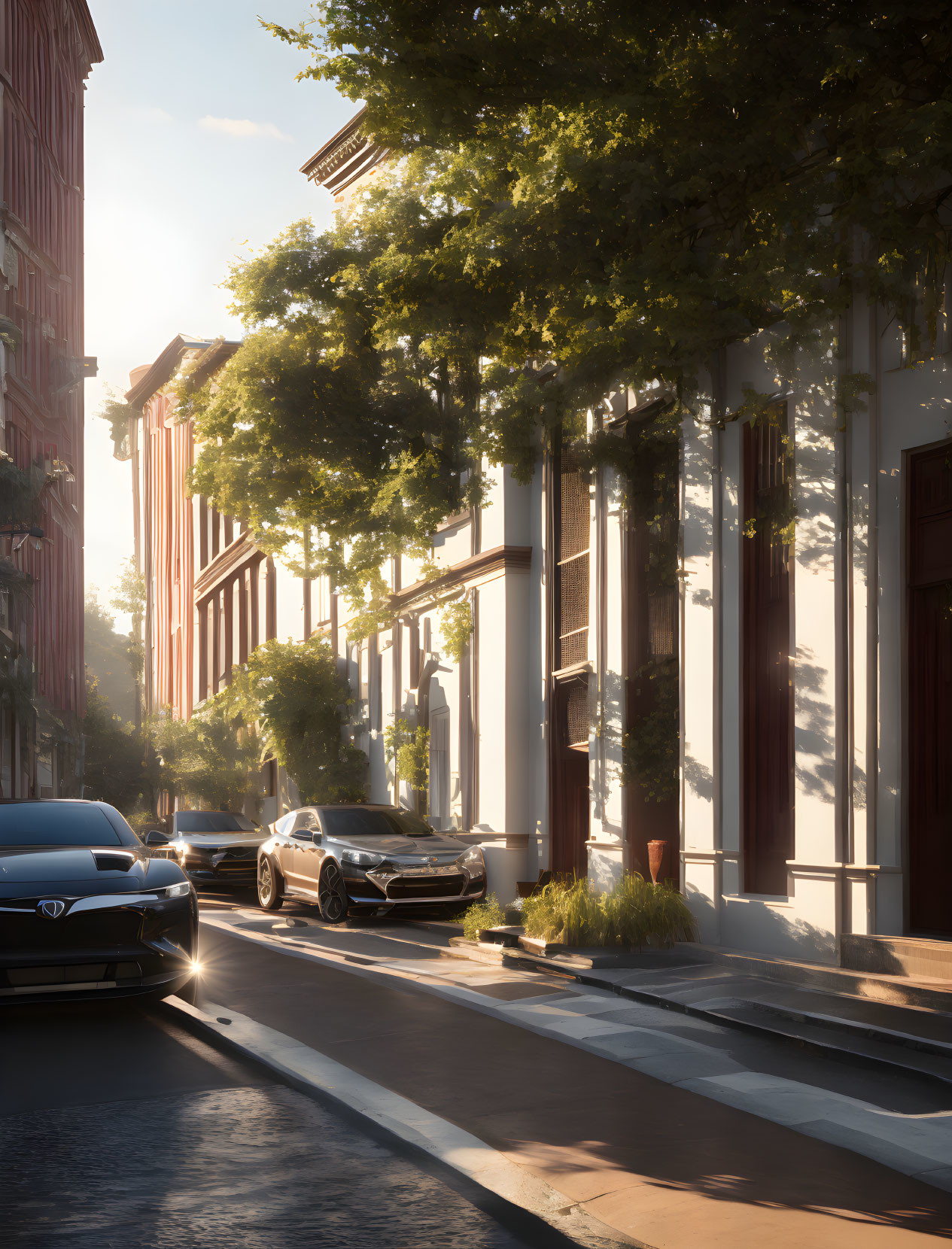 City street scene with parked cars, classical architecture, pedestrian crossing, and lush green trees.