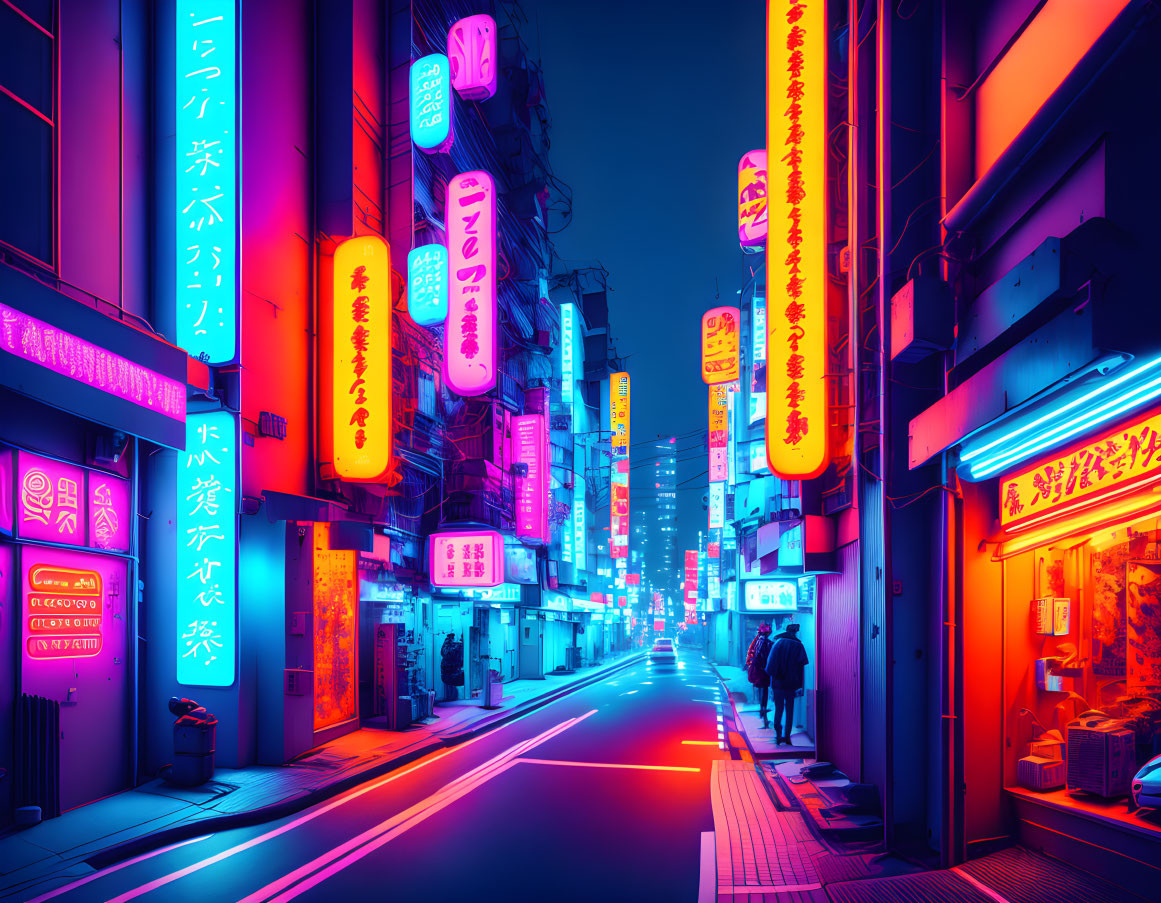 Vibrant pink and blue neon-lit street at twilight with Japanese signs and silhouetted