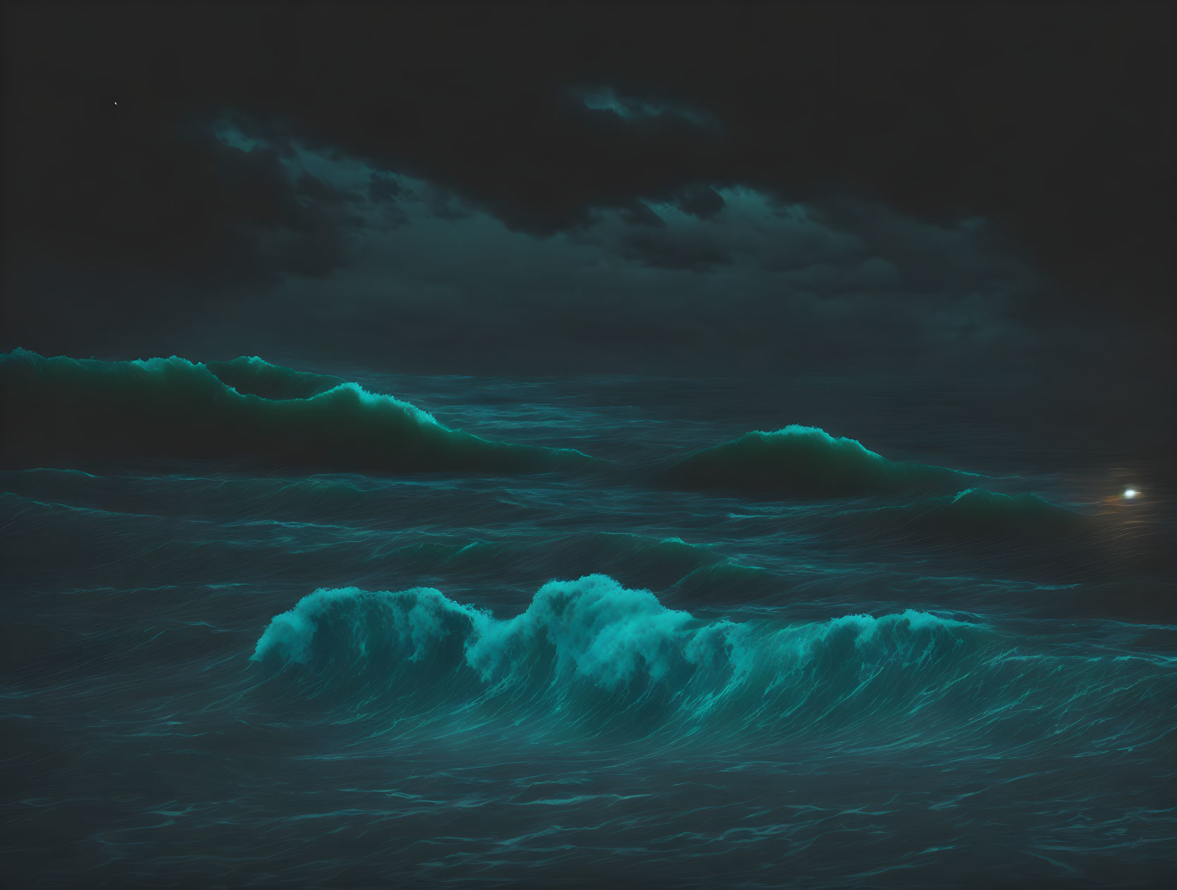 Dark night seascape with luminous waves and distant light horizon