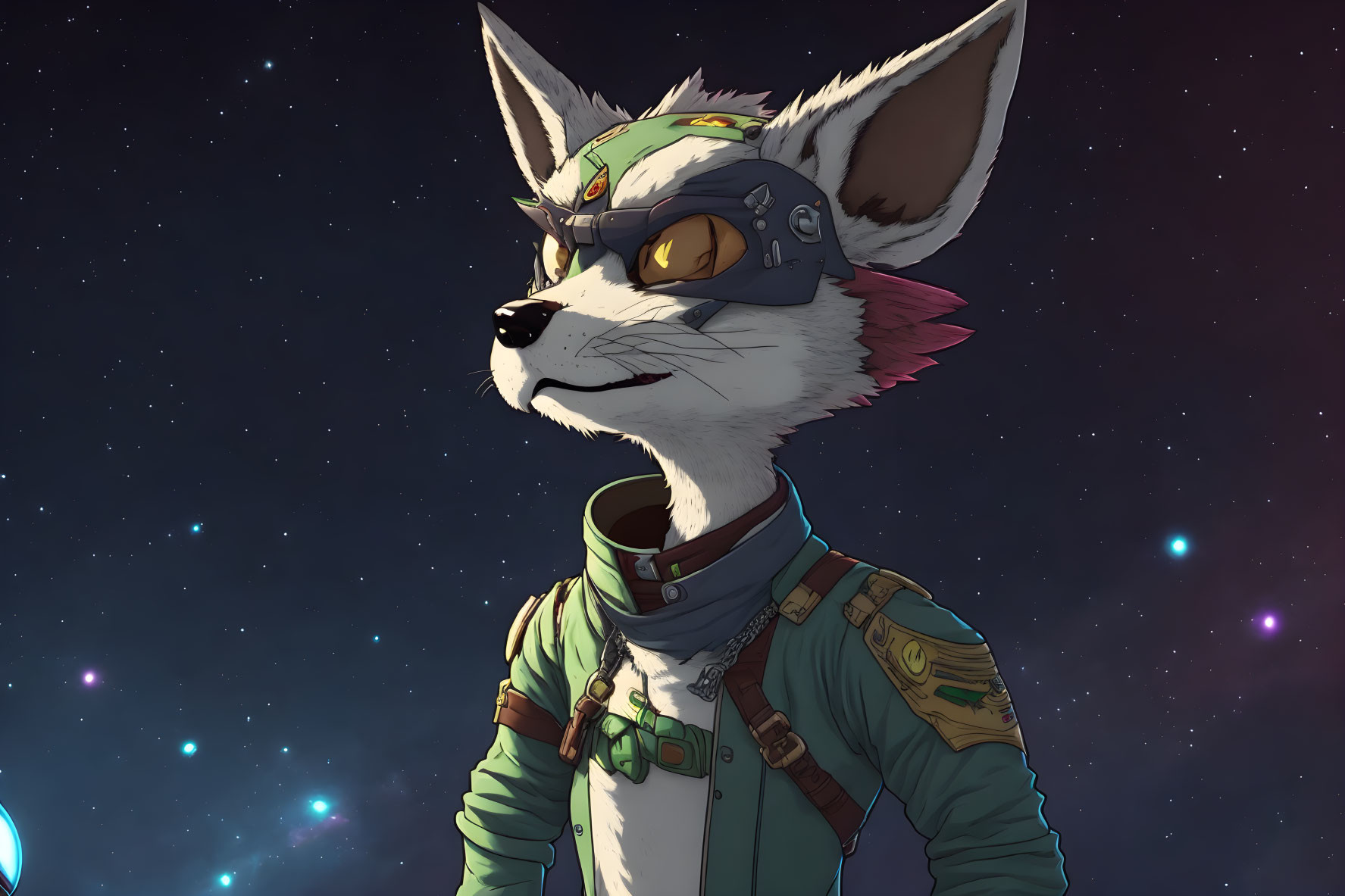 Cybernetic eye fox character in adventurous outfit against starry space backdrop