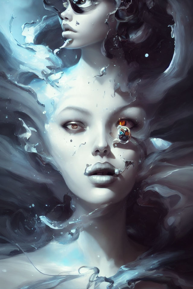 Surreal portrait: Two women with pale skin and dark hair merging in swirling water, one face