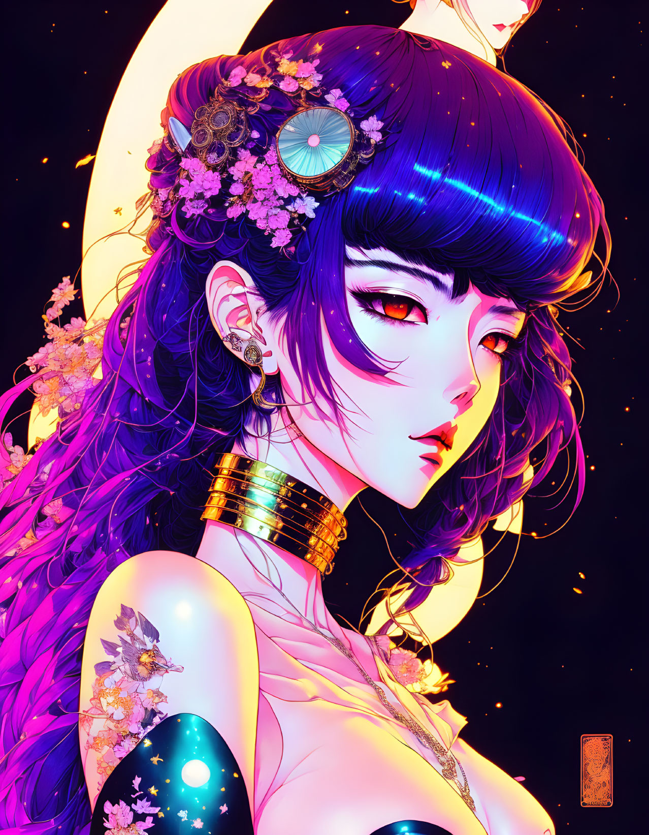 Vibrant blue hair woman with flowers in cosmic setting