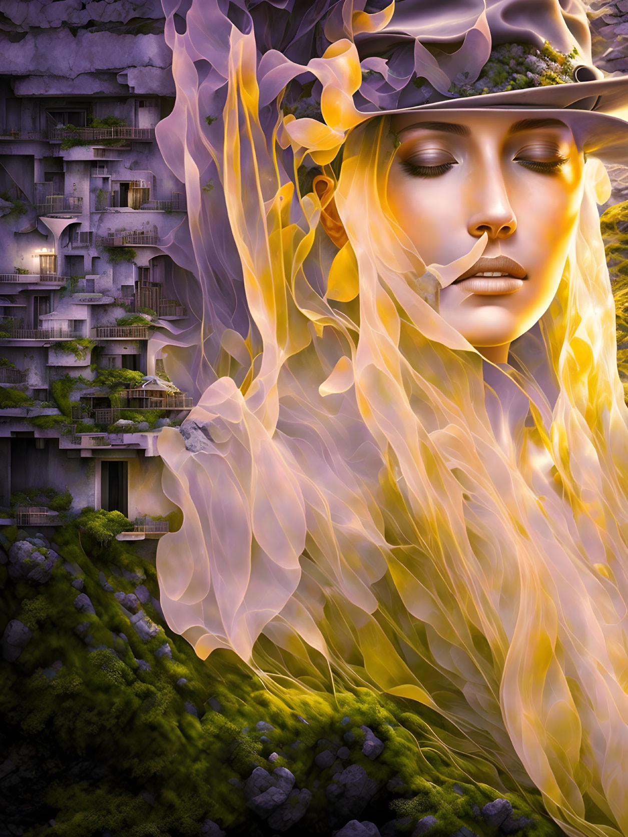 Surreal portrait of woman with golden hair in fantastical landscape