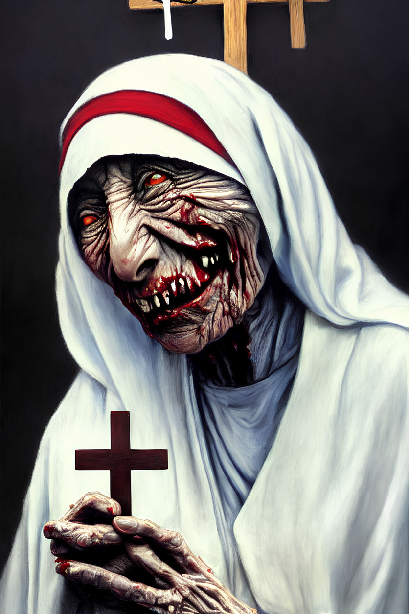 Creepy nun figure with zombie-like face holding decayed cross