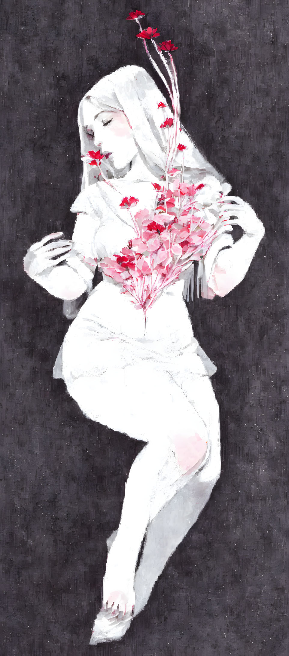 Portrait of a person with white hair and dress holding red flowers on black background