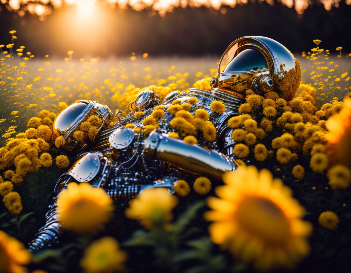 Reflective golden helmet humanoid robot in yellow flowers at sunset