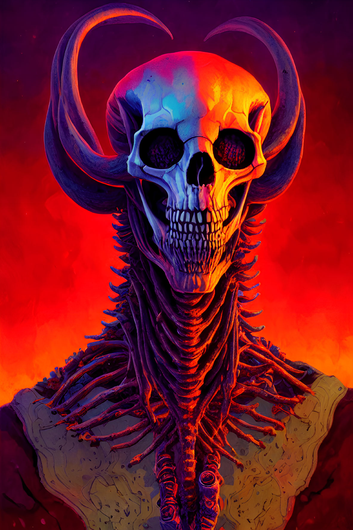 Detailed skeletal figure with horned skull on fiery red and purple backdrop