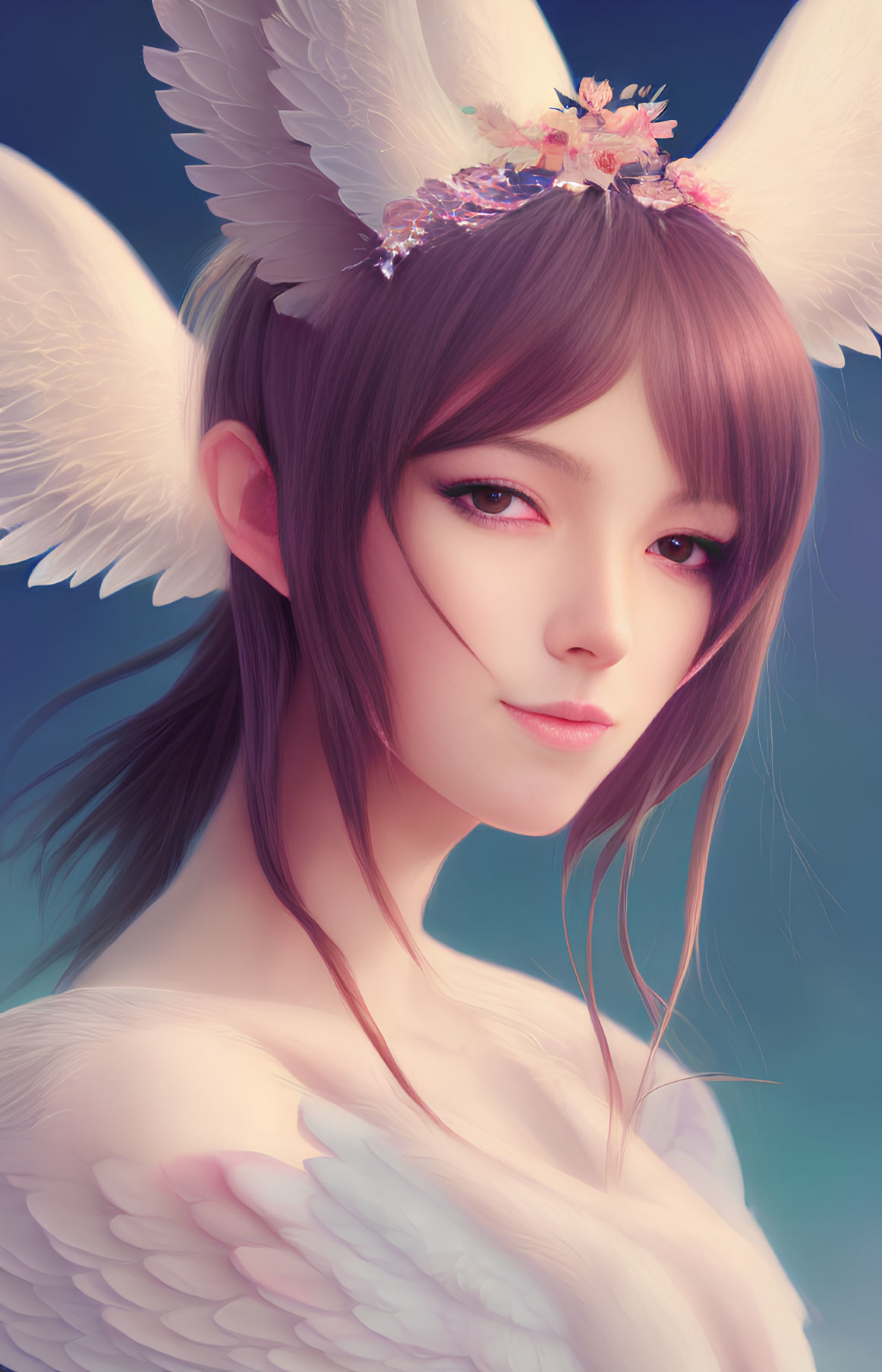 Fantasy character with brown hair, elf ears, floral headpiece, and angelic wings on blue