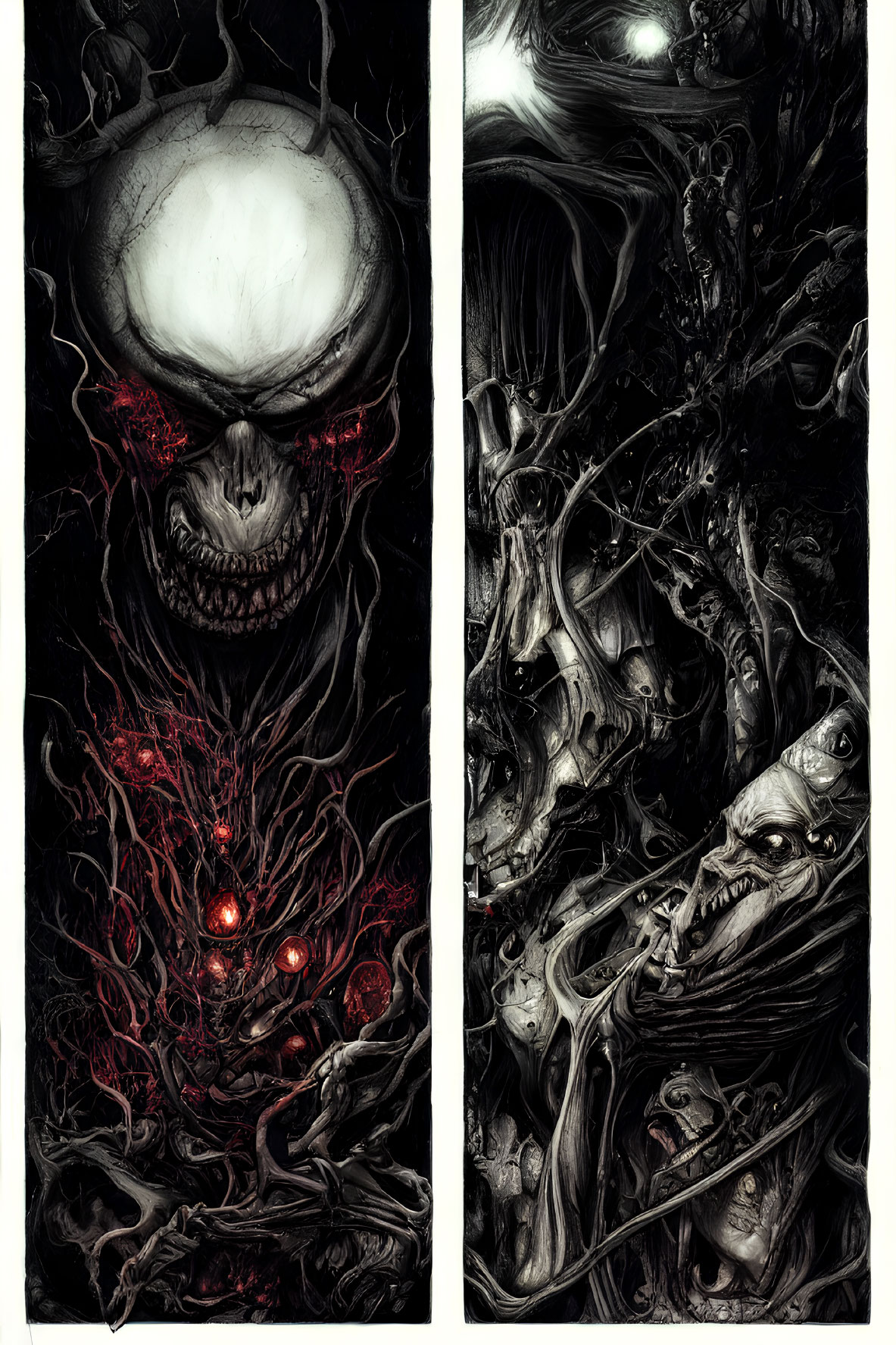 Fantastical dark art: skull with glowing red eyes and skeletal figures