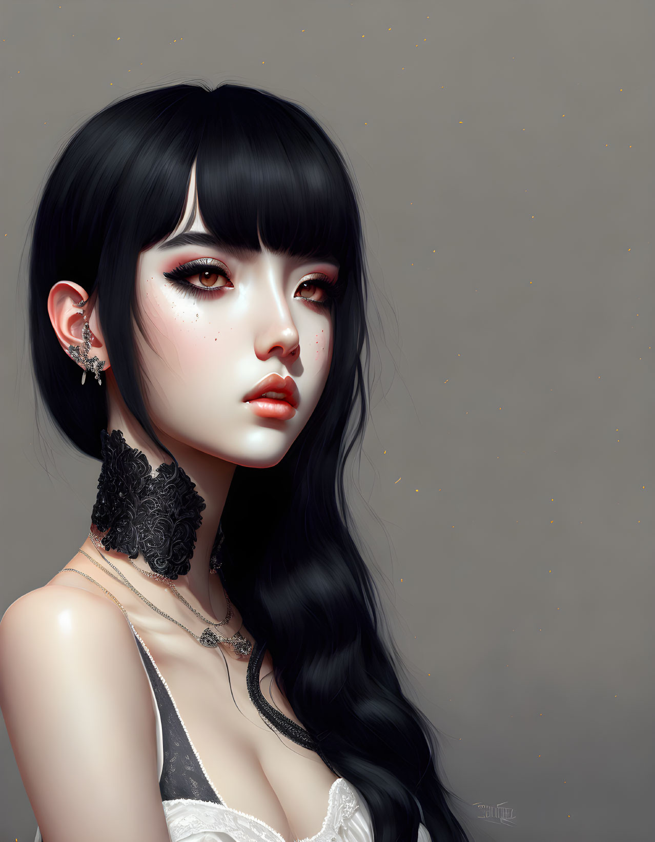 Detailed digital portrait of a woman with long black hair and expressive eyes.