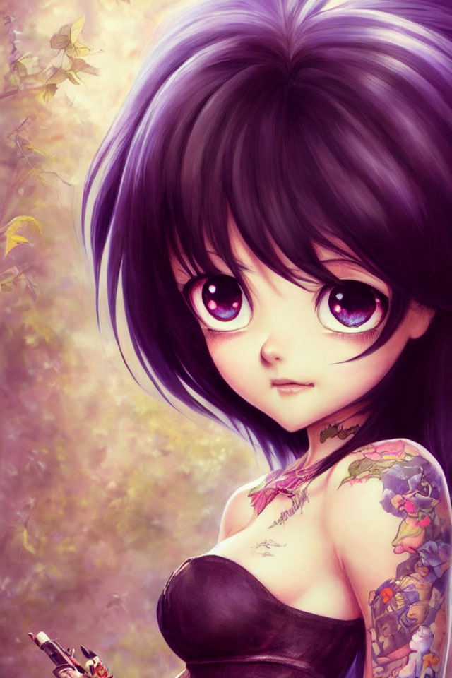 Digital illustration: Female anime character with purple eyes and violet hair, smiling, in autumnal setting