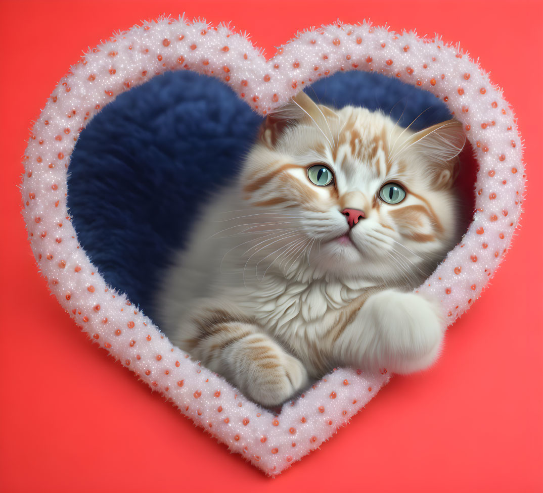 Fluffy orange and white kitten on heart-shaped cushion with blue eyes