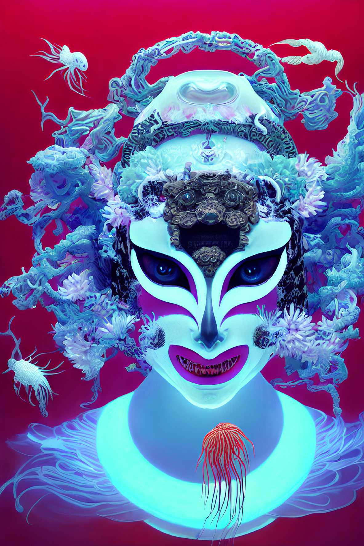 Vivid Stylized Image of Mask-Like Face with Marine Life on Red Background