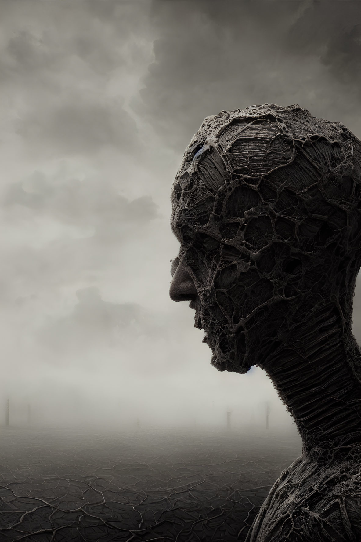 Textured human head sculpture profile against cloudy sky and barren landscape