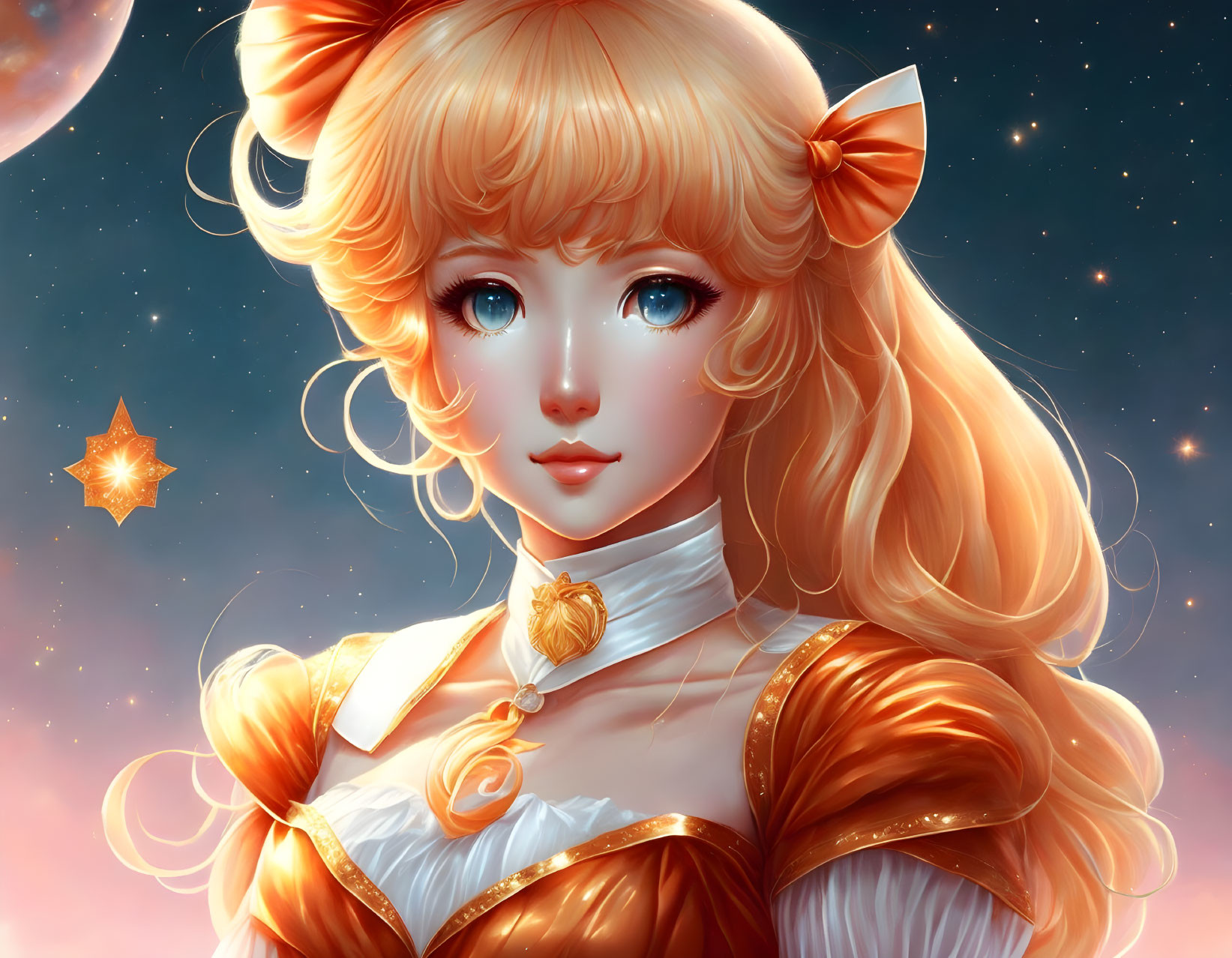 Stylized young woman with golden hair and blue eyes in orange dress on celestial background