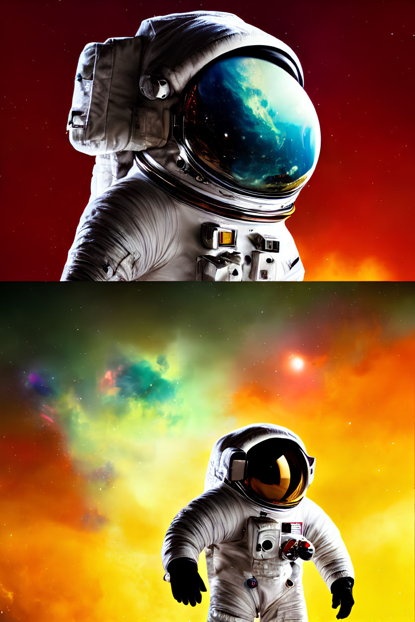 Astronaut in reflective visor against vibrant cosmic background