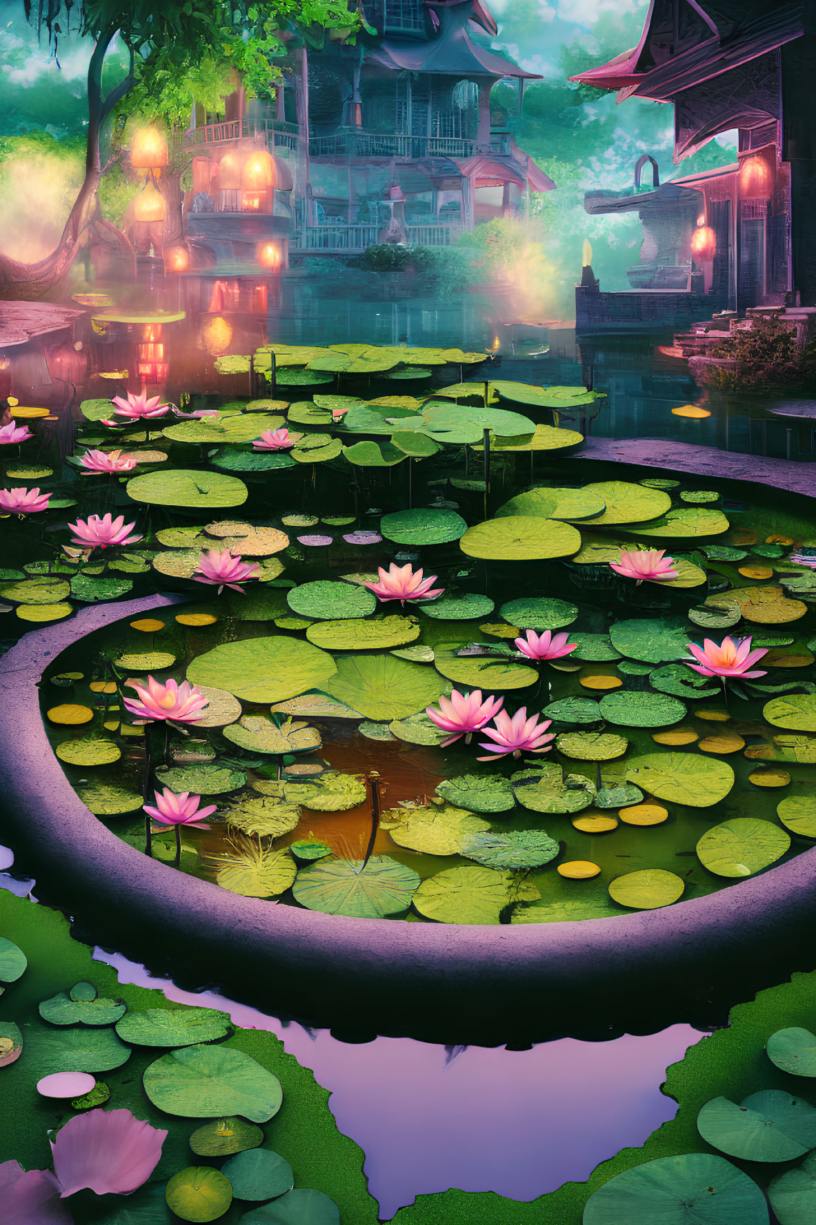 Tranquil pond with water lilies and traditional buildings in misty setting.