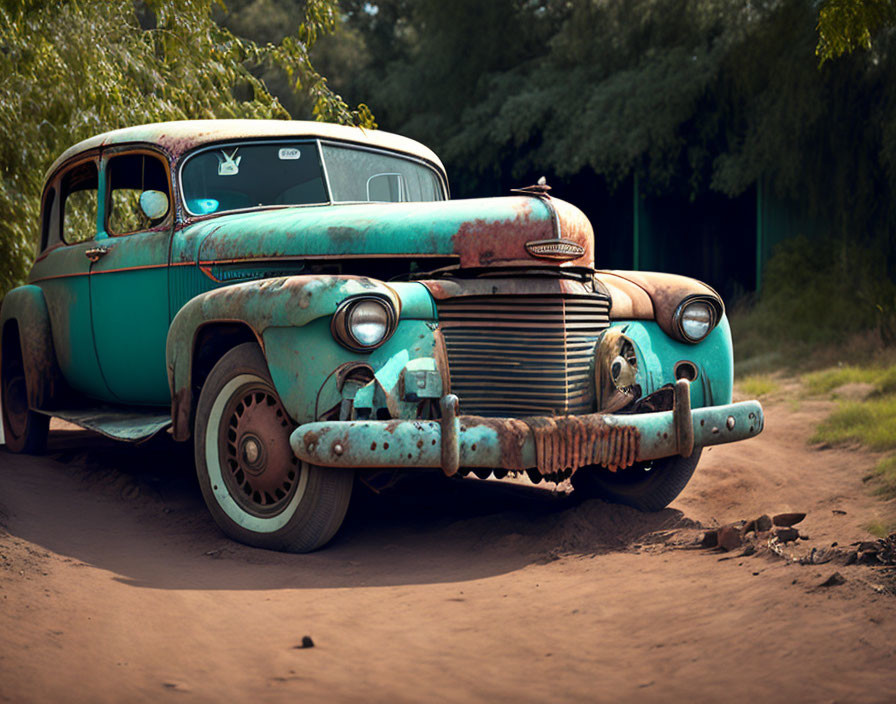 Vintage Turquoise and Rust-Colored Car with Chrome Grill and Round Headlights on Dusty Road