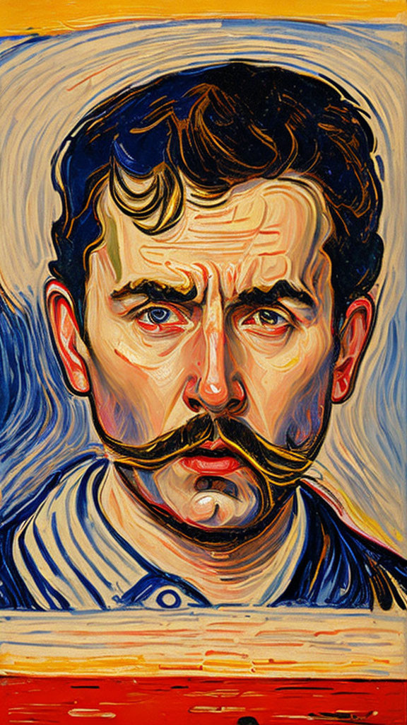 Portrait of a man with mustache and swirling background reminiscent of Van Gogh.