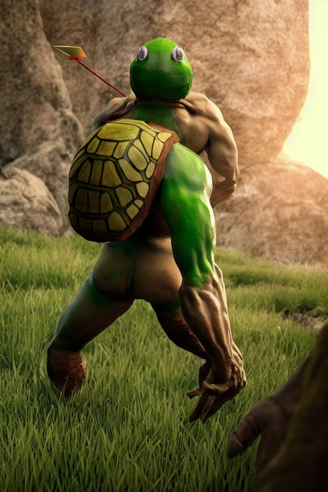 Muscular anthropomorphic turtle with arrow in green shell standing in grassy field