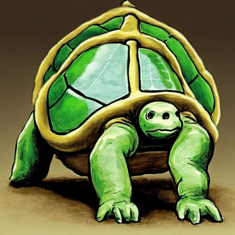 Vibrant smiling turtle drawing with large shell and sturdy legs