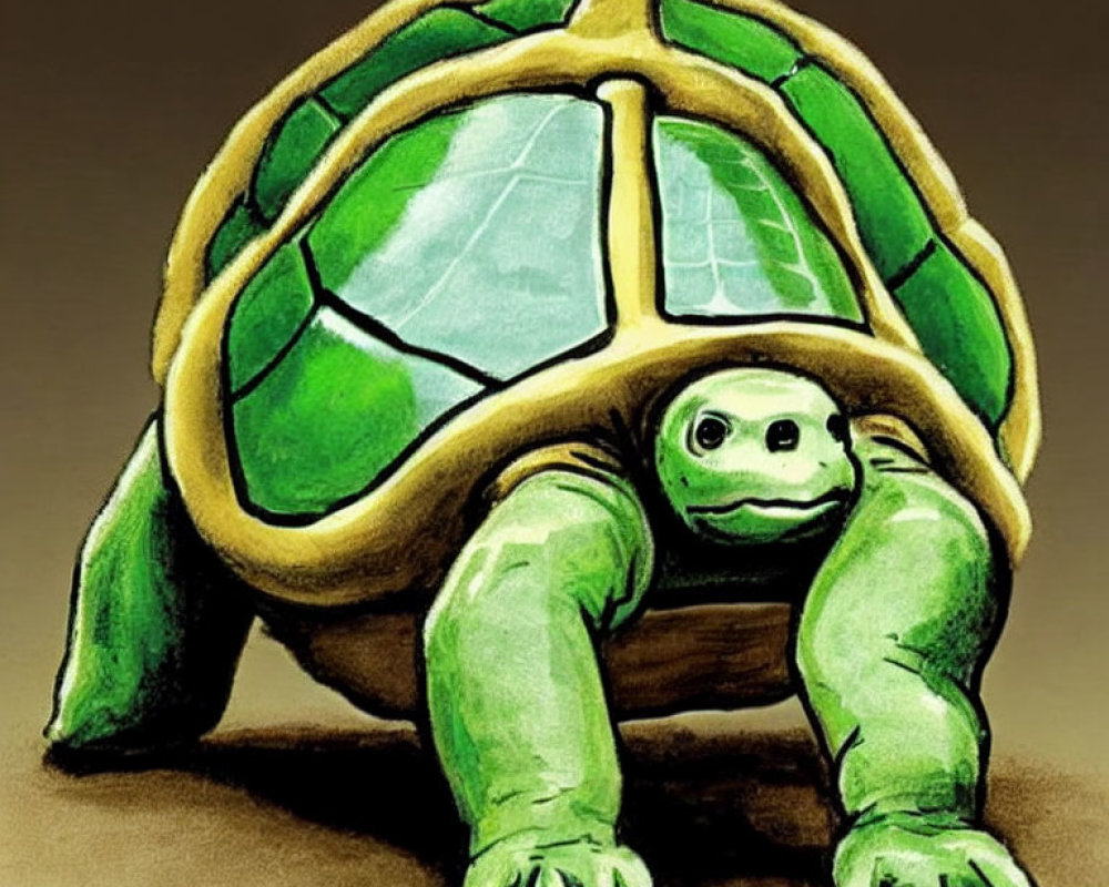 Vibrant smiling turtle drawing with large shell and sturdy legs