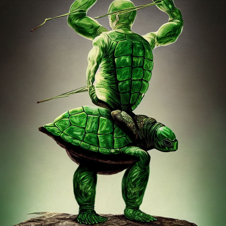 Muscular humanoid turtle with green body and shell holding a bow upright