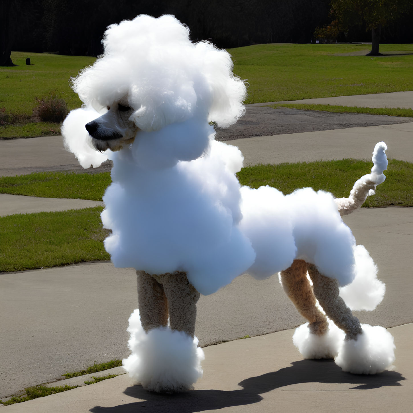 Fluffy white poodle with cloud-like fur walking on sidewalk