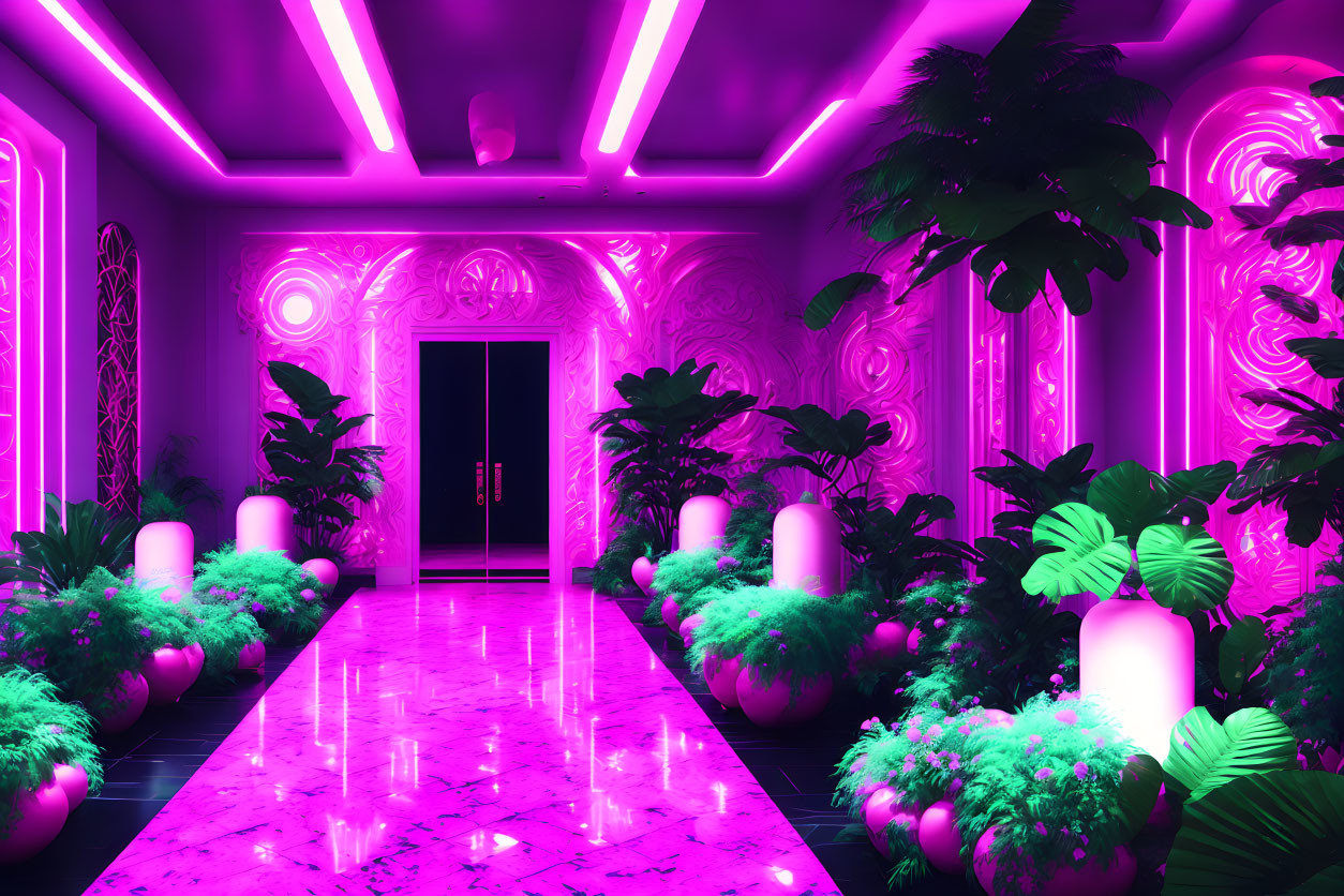 Colorful 3D-rendered interior with glossy floor, neon lighting, plants, and decorative patterns