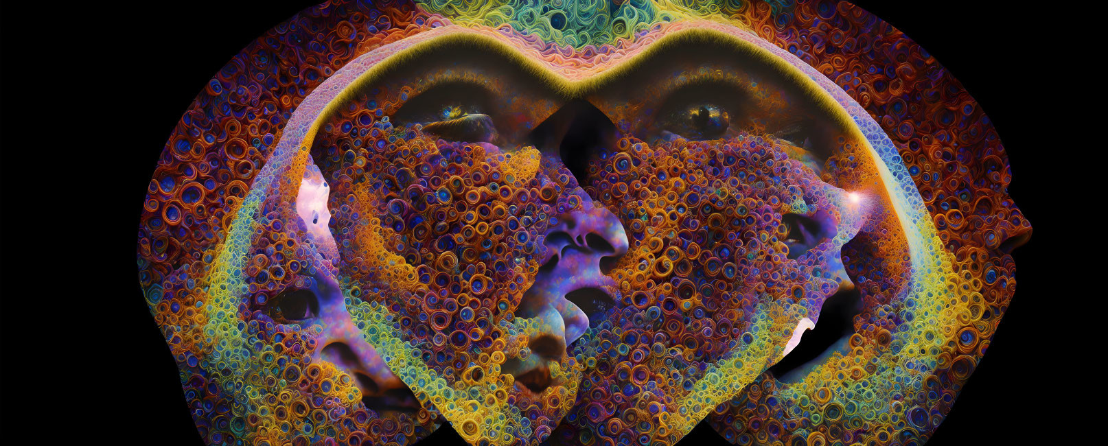 Psychedelic fractal art: Mirrored face silhouettes on dark backdrop