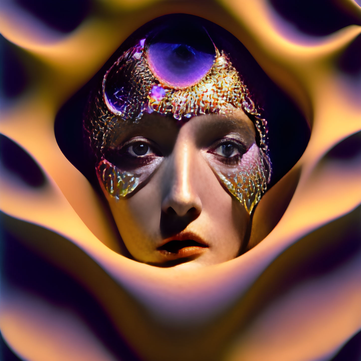 Artistic surreal portrait with central eye and petal-like structures