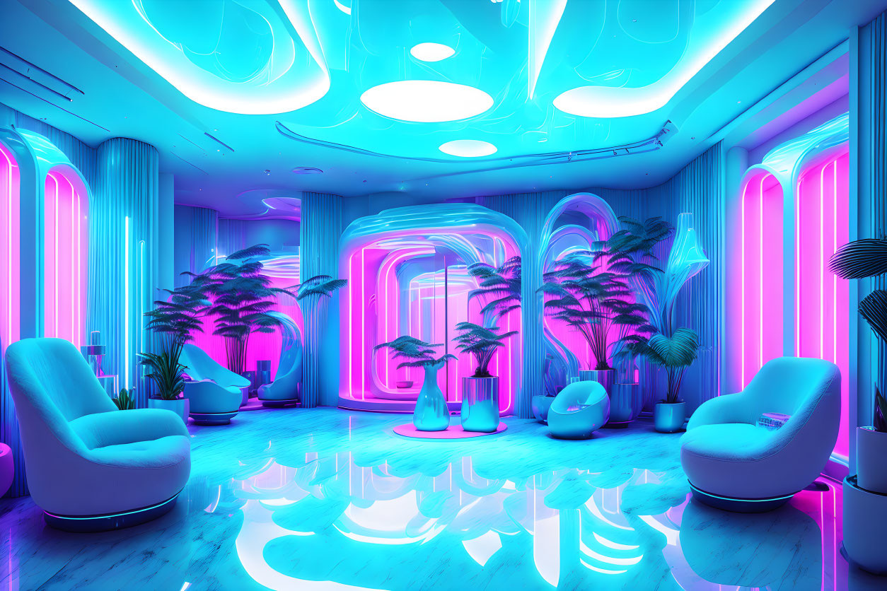 Modern neon-lit room with pink and blue lights, sleek furniture, reflective floor, indoor plants