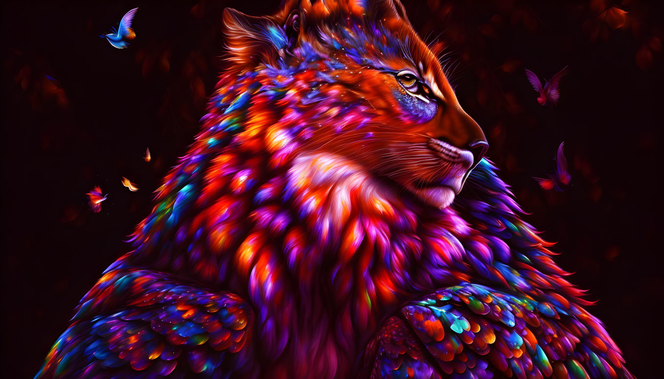 Colorful Majestic Wolf Artwork with Leaves and Butterflies on Dark Background